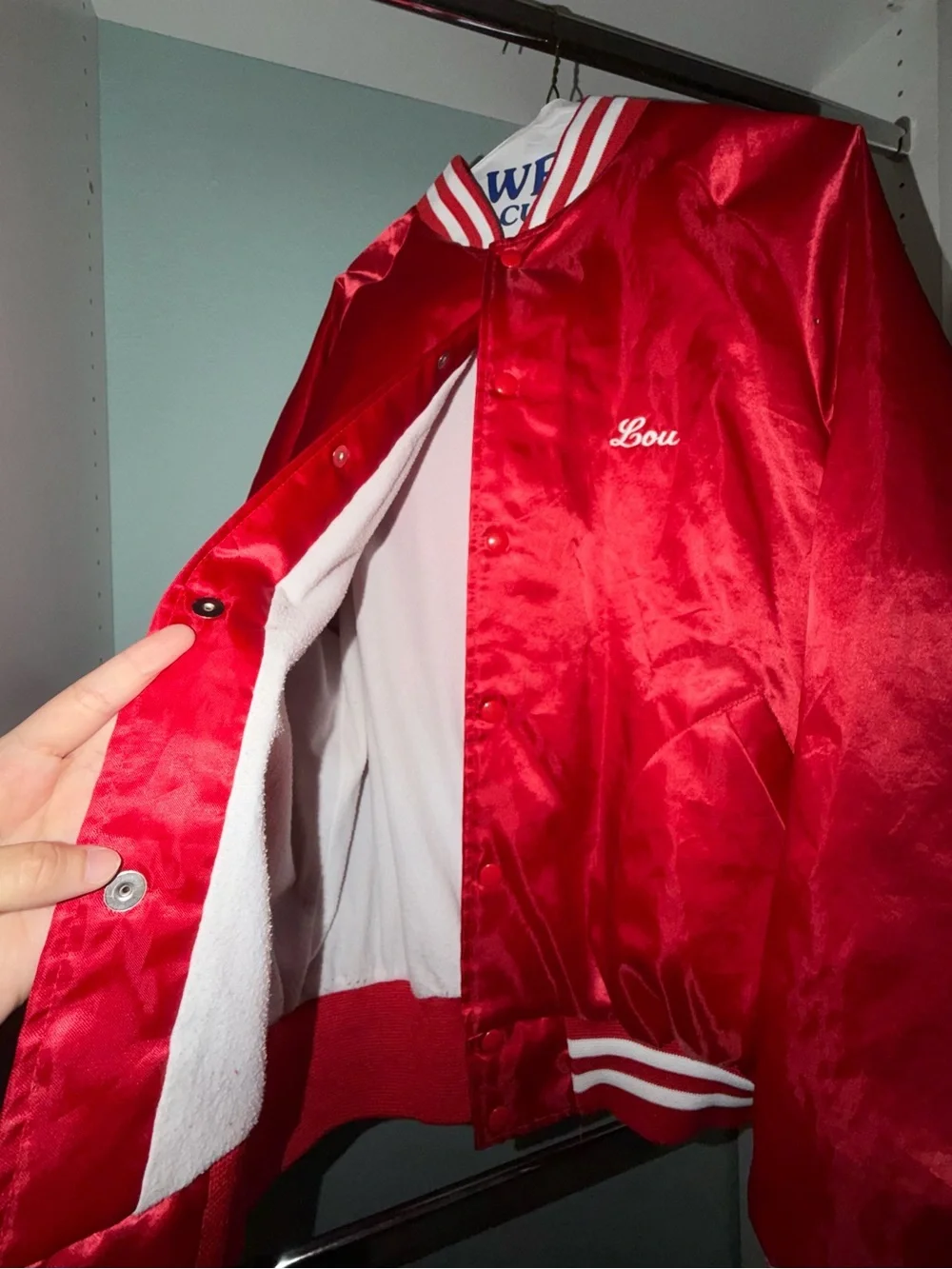 Red Satin Varsity Bomber Jacket with White Stripe Trim